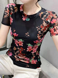 S-3XL Printed Floral Mesh T-Shirts Female O Neck Short Sleeve High Stretch Fashion Slim Tee Tshirts For Women FF6913-Outfit