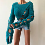 Sweater Women's Autumn New Style Millennial Hot Girl Pure Desire Short Irregular Hollow Knitted Sweater Loophole Top-Outfit