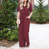 Elegant Rompers Women Jumpsuits Summer Wide Leg Overalls Drawstring Elastic Waist Short Sleeve Solid Dungarees