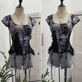 Fongt Industrial Lace Splicing Elastic Print With Bow Short-Sleeved T-Shirt 6185