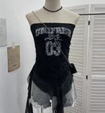 Fongt Shot With Anti-Slip Letter Print Chest Vest Tsets Lace Splicing Mesh Yarn Irregular Top 1233