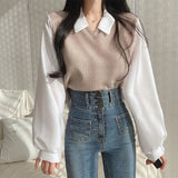 Fongt Plus Size Fat Mm Fake Two T-Shirt Female Splicing POLO Collar Long Sleeve Hoodie Screw Thread Loose Versatile