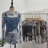 Fongt Shooting Tie-Dye Print Spliced Denim T-Shirt Girl Autumn Design Sense Irregular Hair Side Short-Sleeved Top 2617