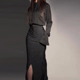Fongt 2023 New Fashion Temperament Elegant Heavy Industry Diamond Split Hip Skirt Set-Outfit