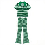 Fongt POLO Shirt With Striped Horn Pants Summer New Knitting Suit Woman