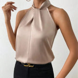 Fongt Women's Clothing 2025 Summer New Color Clove Hanging Neck Sleeveless Vest Ribbon Simulation Silk Top