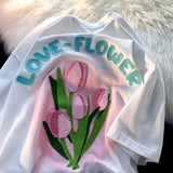 Blue Tulip Flock 3D Embroidery Flower T Shirts Cute Streetwear Casual Tops Short Sleeve Summer Cotton Tee Men Women