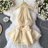 Fongt And Summer 2025 New Products Hanging Neck Bare Back Texture Crippling Poneng Dress To Close The Waist Tie Sweet Holiday Wind
