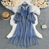 Fongt Korean Version Of The Lantern Sleeve Waist Show Thin Net Gauze Nail Bead Dress Three-Dimensional Flower Fairy Dress-Outfit