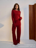 Fongt 2025 New Soft Model Set Women's Casual Blouse + Broad Legs Christmas Red Two-Sleeve