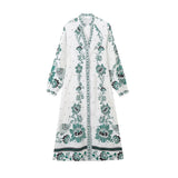 Fongt New Printed Long Dress Lantern Sleeve V-Neck Casual Beach Vacation Shirt Dress