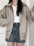 Women Red Checkered Lining Jacket Coats 2023 Fall Retro Stand Collar Long Sleeves Solid Color Jakcets Female Chic Outwear-Outfit