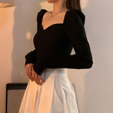 Elegant Shirts Women Puff Sleeve Square Collar Blouses Office Lady Korean Autumn Black Chic Slim Casual All Match Tops-Outfit