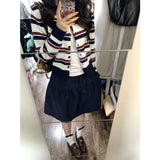 Fongt Color Design Sense Retro Striped Knitted Cardigan Women's Spring And Summer College Style Sweater Tibetan Blue Short Skirt Two-Piece Set