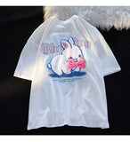 Pink Bow Rabbit Embroidery T Shirts Harajuku Teenage Preppy Kawaii Tee Summer Cotton O-neck Loose Casual Tops Korean