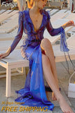 Through Maxi Dresses for Women 2023 V Neck Split Bodycon Mesh Dress Long Sleeve See Through Cover-Ups for Beach