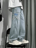 Men's Distressed Star Embroidered Loose Jeans-Outfit