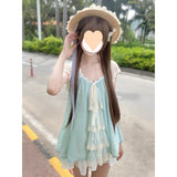 Fongt / Single-Piece Lace Mesh Spliced Bow French Top + Tight Waist White Short Skirt Set Woman