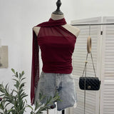 Fongt Shooting 2025 Spring New Mesh Hanging Neck Top Women With Asymmetric Sleeveless Vest Short Top 1125