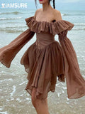 Beach Style Solid Chiffon Dress Slim Ruffles Slash Neck Off Shoulder Flare Sleeve A-Line Mini Dresses For Women