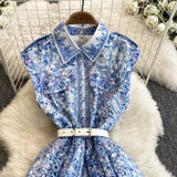 Fongt Luxury French Style Sleeveless Print Dress Female Polo Collar Hook Hollow Design Lady Temperament
