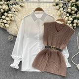 Fongt Style Suit Women's Casual Long-Sleeved Shirt + Waist V-Neckless Knitted Vest Two-Piece Set