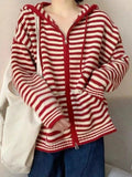 Hooded Striped Long Sleeve Knit Cardigan-Outfit
