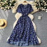 Fongt Piece Of V-Neck Tie With Short Sleeves Of Broken Flower Dress Women's Summer Thin Temperament French Dress