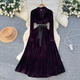 Fongt Light Luxury Famous Woman High-End Sense V Collar Long Sleeve Strap To Close The Waist Velvet Dress Women Autumn And Winter Lanky Dress