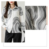 Women's Shirt Spring Clothing for Women Ink Painting Pattern Polo Neck Tops Basic Button Up Long Sleeve Shirts for