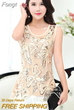 Beaded Sequins Sleeveless Vest Chiffon Blouse Lace Shirt Ladies Medium-long Tank Tops Sequin Summer Woman Elegant