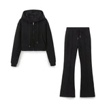 Fongt Women's Sports Style Suture Decoration Tight Waist Double-Sided Trumpet Trousers Zippered Sweater Set