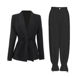 TWOTWINSTYLE Solid Color Korean Two Piece Set Women Blazer High Waist Belt Lace-up Straight Pants Suits Female 2022 Fashion