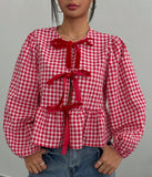 Fongt Women's Plaid Loose Bow Long-Sleeved Shirt