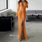 Fongt New Solid Color Dress Summer Fashion Sexy Slit V Neck Long Sleeve Solid Slim Pleated Skirt Dress-Outfit