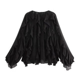 Fongt 2025 New Women's V-Neck Single Buckle Long-Sleeved Cascade Decorative Shirt 10 Colors