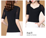 Half Sleeve T Shirt Women Spring Summer Black Tee Shirts V Neck Tops Femme Stretchy T-Shirts-Outfit