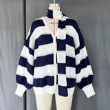 Stripe Oversized Cardigan With Neckerchief-Outfit