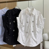 Fongt High-Stock Design Feeling Heavy Industry Nail Embroidery Shirt Loose Apparent Thin Age Shirt Shirt Women Short Sleeves