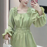 Shirring Beading Shirt Elegant Waist Square Collar Spring Autumn Women's Clothing Commute Basic Solid Color Folds Blouse-Outfit