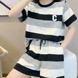 Striped Letter Matching Sets Summer Stylish Round Neck Women's Clothing Loose Patchwork Casual Drawstring Short Sets-Outfit