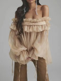 Fongt Sweet Wind Shirt Woman 2025 Spring New Collar Wood Ear Splicing Tie Design Long-Sleeved