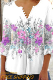 Floral Print Summer Blouse Women Elegant Simple Shirt V Neck Button 3/4 Length Sleeve Casual Holiday Basic Tops