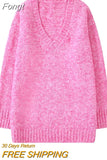 Knitted Pink Pullovers Sweater Female Vintage Solid V Neck Sweater Jumper Autumn Winter Tops Casual Cozy Sweater