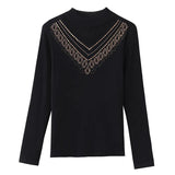 Fongt Photo # Autumn / Winter Long Sleeve And Velvet Top Women's High-End T-Shirt With A Versatile Lace Bottom Shirt-Outfit