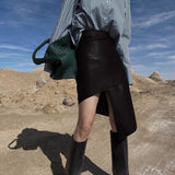 Leather Skirt PU Solid Asymmetric High Waist Wild Design Zipper Slim Casual Style 2023 Autumn Korean