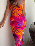 Leopard Floral Print Long Tube Dress for Women 2023 Summer Party Beach Strapless Off Shoulder Slim Dress Vestidos New-Outfit