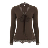 Fongt Lace Splicing Deep V-Neck Long-Sleeved T-Shirt Girl 2025 New Blouse