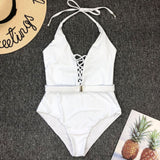 Hollow Out One Piece Swimsuit Women Solid White Red Bandage Push Up Backless Bathing Suit High Waist Swimsuit Monokini