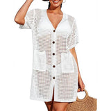 Fongt Hoodie Hollow Knitted Short Sleeve Open-Sleeve Seaside Swimsuit Sunscreen Coat Woman